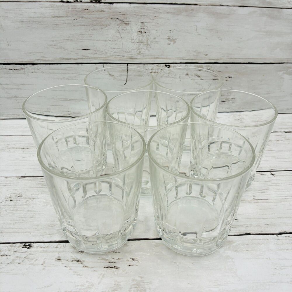 Vintage Clear Glass Juice Tumblers Heavy Paneled Cut Base Barware Set of 7